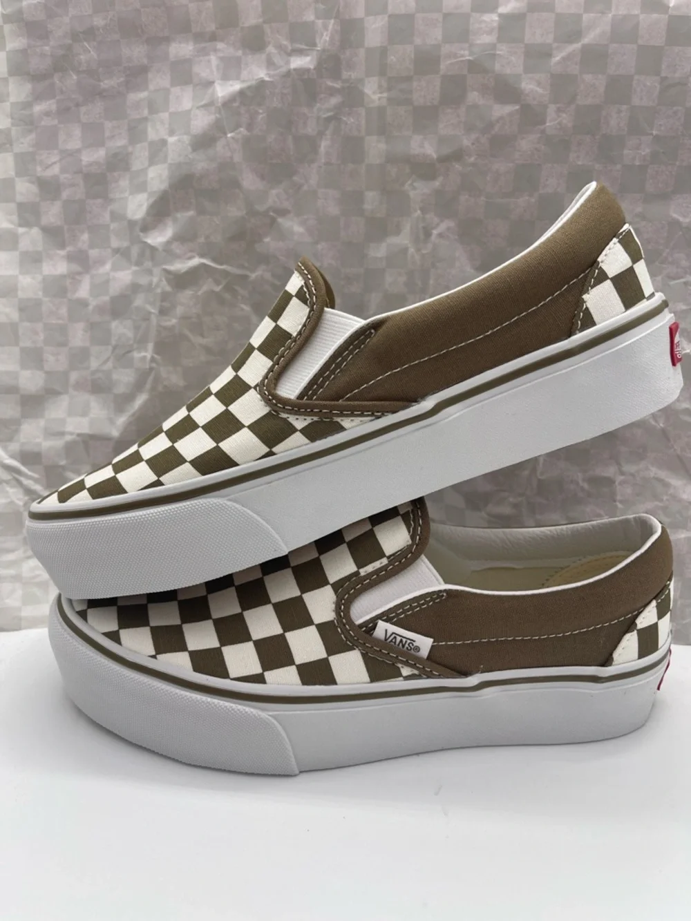 Vans Slip-On Platform Sneakers Checkerboard Sepia Brown VN00018E0E0 New